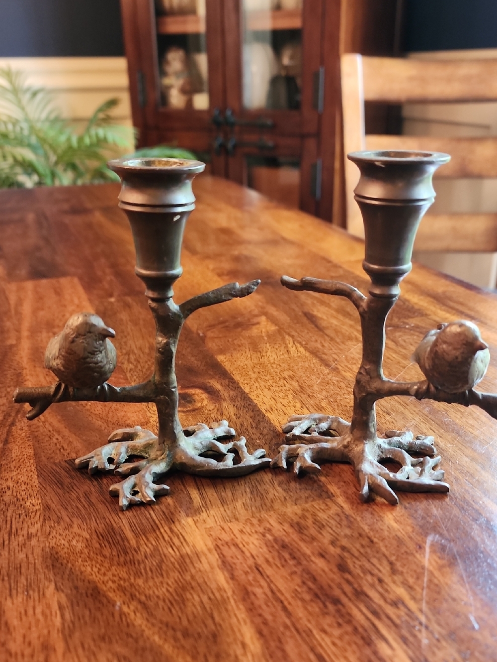 Vintage Pair Bronze Bird On A Branch Candlestick Holders For Tapered Candle